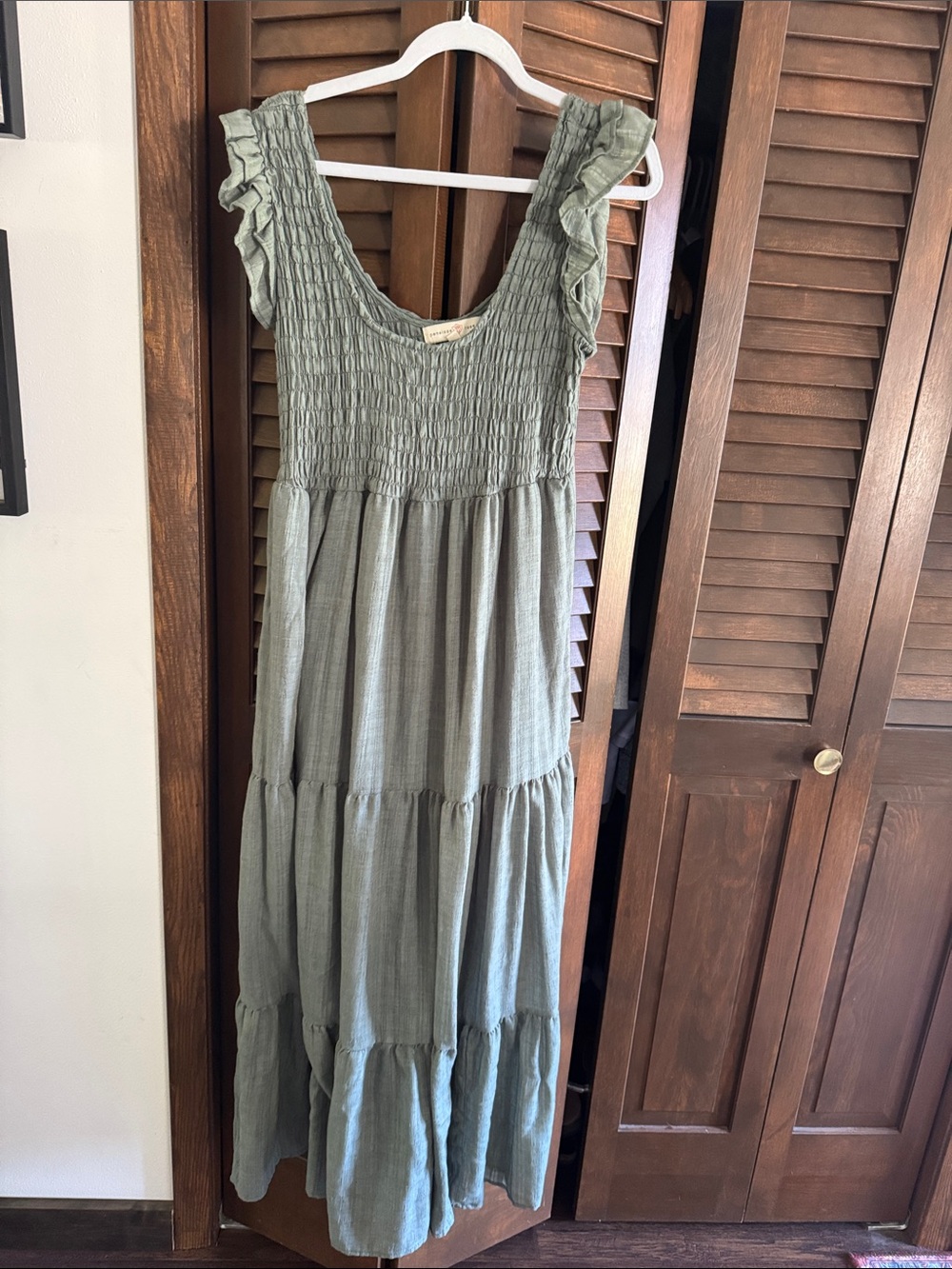 Smocked Ruffle-Sleeve Tiered Maxi Dress in Sage Green